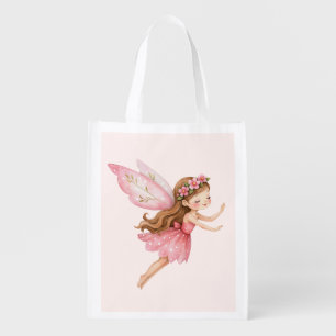Cute Fairy Girl in a Pink Dress Whimsical Grocery Bag