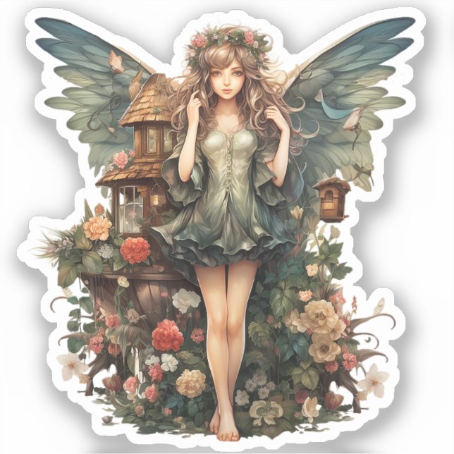 Cute Fairy Girl in Floral Garden Sticker (Front)