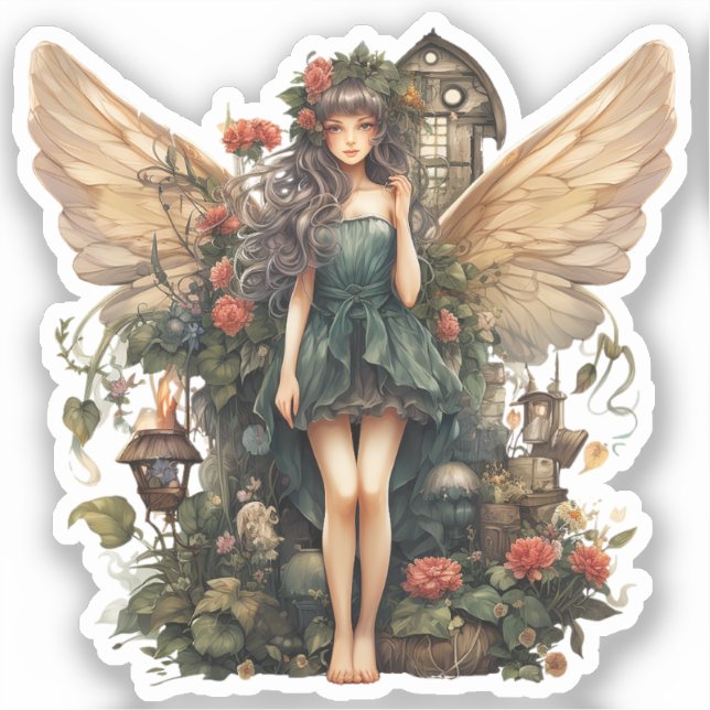 Cute Fairy Girl in Floral Garden Sticker (Front)
