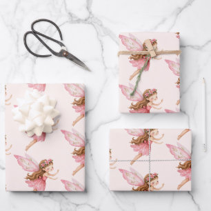 Cute Fairy Girl in Pink Dress Whimsical Pattern Wrapping Paper Sheets