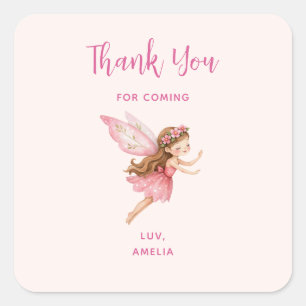 Cute Fairy Girl in Pink Dress Whimsical Thank You Square Sticker