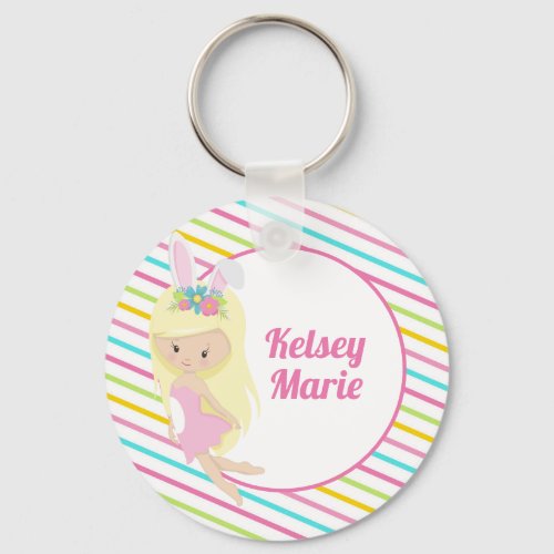 Cute Fairy Girl Pink Easter Bunny Custom Striped Keychain