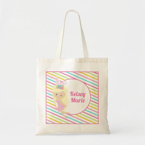 Cute Fairy Girl Pink Easter Bunny Personalized Tote Bag