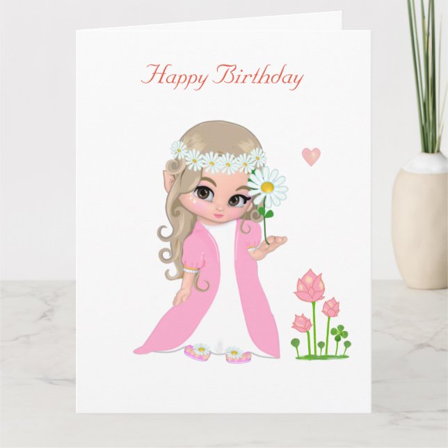 Cute Fairy Girl with Flower Birthday Card (Front)