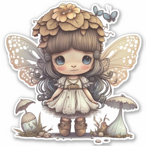 Cute Fairy Girl with Mushroom and Butterflies Sticker