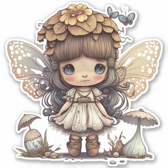 Cute Fairy Girl with Mushroom and Butterflies Sticker (Front)
