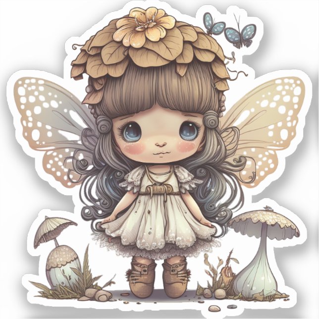 Cute Fairy Girl with Mushroom and Butterflies Sticker (Front)