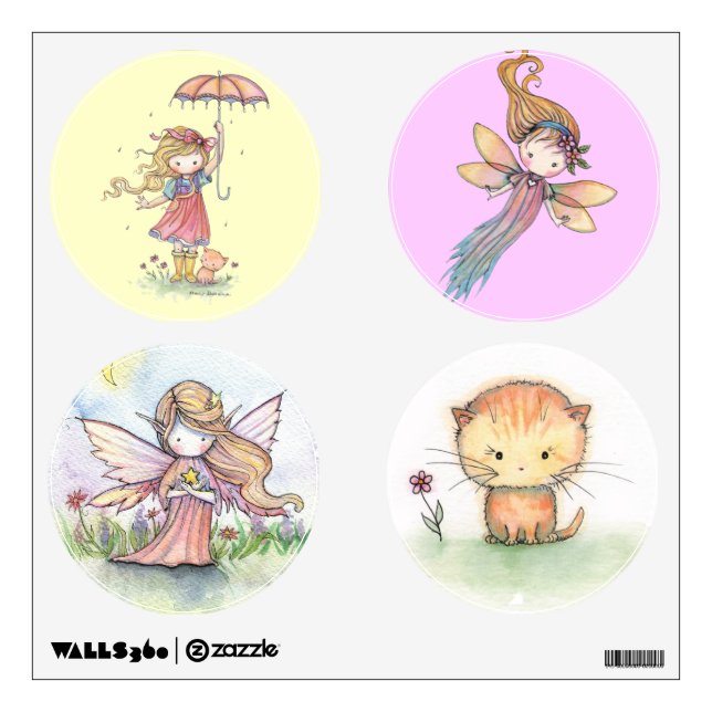 Cute Fairy Girls and Kitties Girls Nursery Art Wall Sticker (Front)