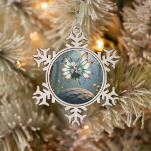 Cute Fairy Guardian in Magical Forest  Snowflake Pewter Christmas Ornament