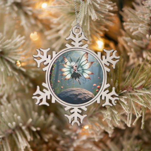 Cute Fairy Guardian in Magical Forest  Snowflake Pewter Christmas Ornament