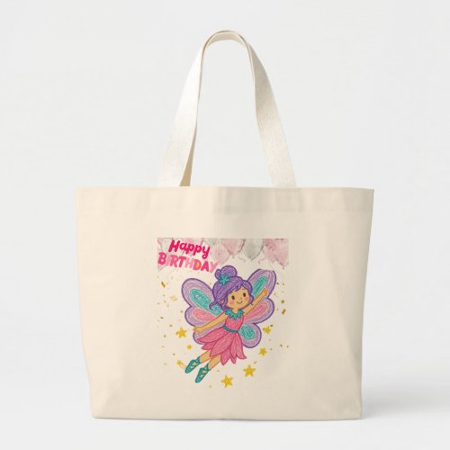 Cute Fairy Happy Birthday Whimsical Girl’s Canvas  Large Tote Bag