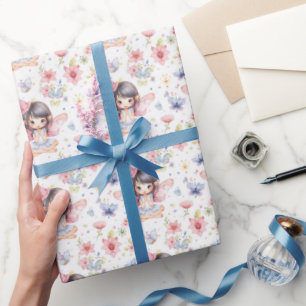 Cute Fairy in Birthday Hat, Flowers, Butterflies Wrapping Paper