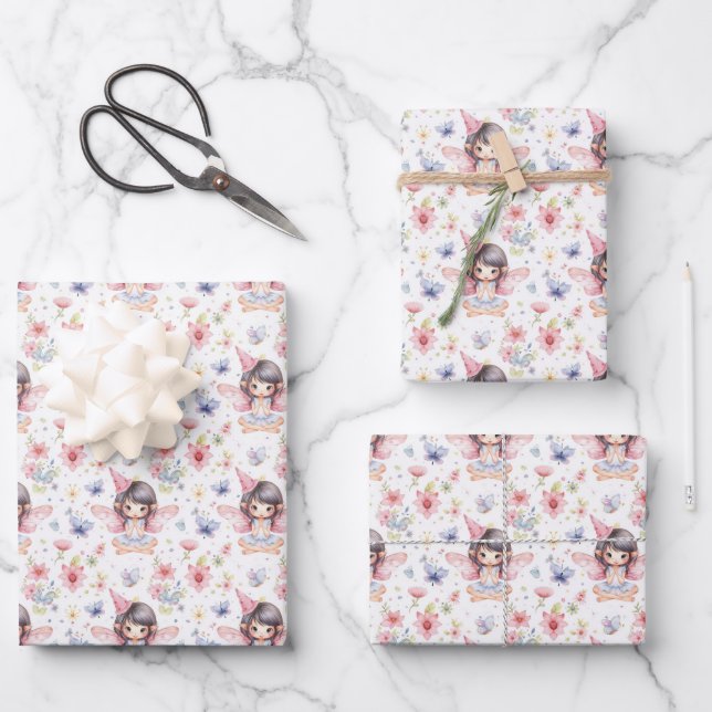 Cute Fairy in Birthday Hat, Flowers, Butterflies Wrapping Paper Sheets (Front)