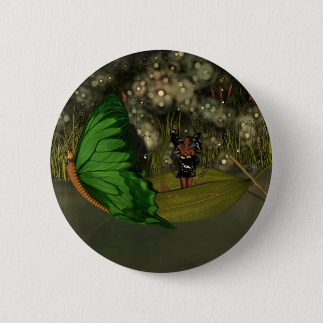 Cute Fairy in Boat with Fireflies Button (Front)