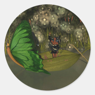 Cute Fairy in Boat with Fireflies Classic Round Sticker