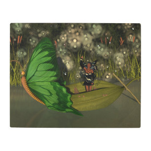 Cute Fairy in Boat with Fireflies Metal Print