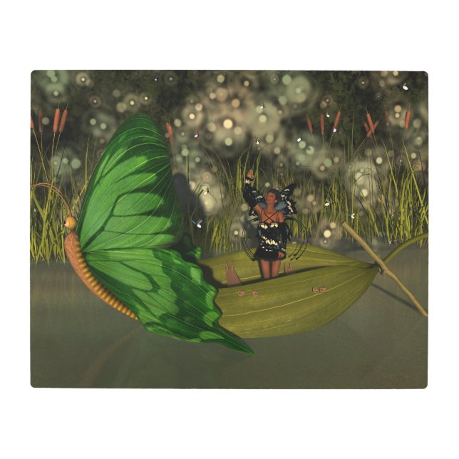 Cute Fairy in Boat with Fireflies Metal Print (Front)