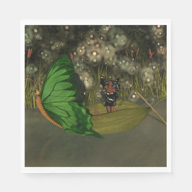 Cute Fairy in Boat with Fireflies Napkins (Front)