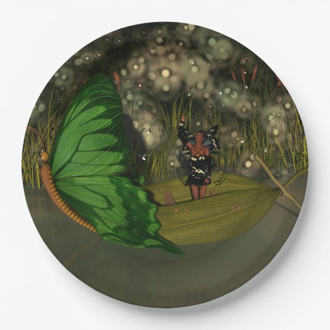 Cute Fairy in Boat with Fireflies Paper Plates (Front)