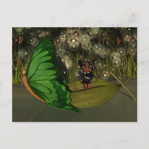Cute Fairy in Boat with Fireflies Postcard