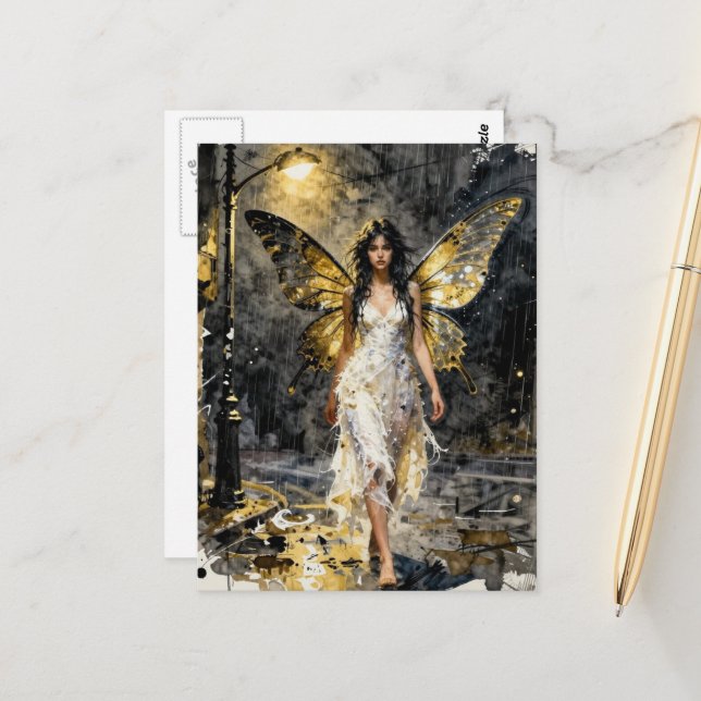 Cute Fairy in the night rain Postcard (Front/Back In Situ)