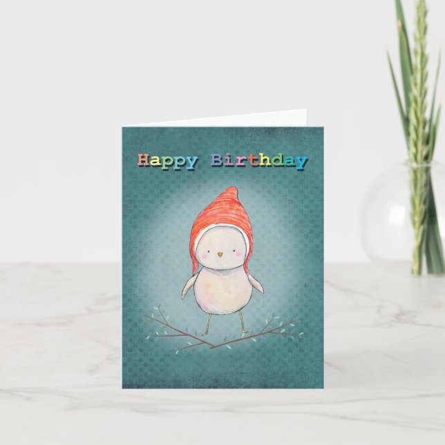 Cute Fairy Little Bird Pixy Hat Rainbow Birthday Card (Front)