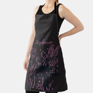Cute Fairy Mushroom and Flower Black & Pink Apron