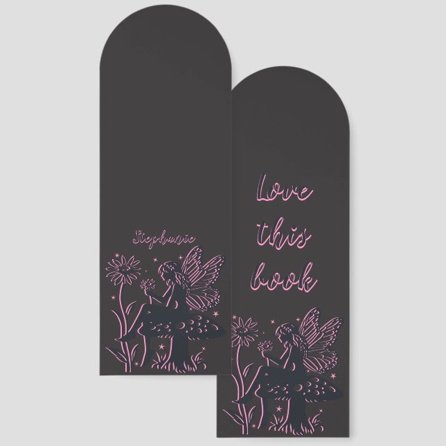 Cute Fairy Mushroom and Flower Black & Pink Bookmarks (Front & Back)