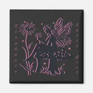 Cute Fairy Mushroom and Flower Black & Pink Magnet