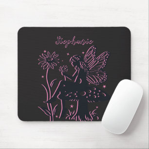Cute Fairy Mushroom and Flower Black & Pink Mouse Pad