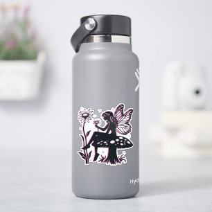 Cute Fairy Mushroom and Flower Black & Pink Sticker