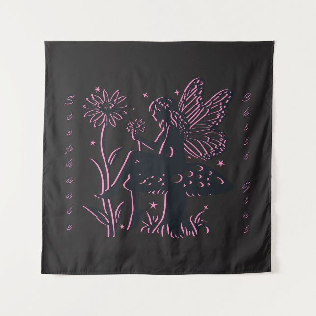 Cute Fairy Mushroom and Flower Black & Pink Tapestry (Front)