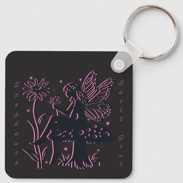 Cute Fairy Mushroom and Flower Chill Girl Keychain (Back)