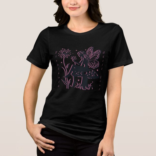 Cute Fairy Mushroom and Flower Chill Girl Tri-Blend Shirt (Front)