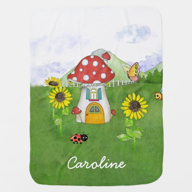 Cute Fairy Mushroom Cottage Personalized Summer Baby Blanket (Front)