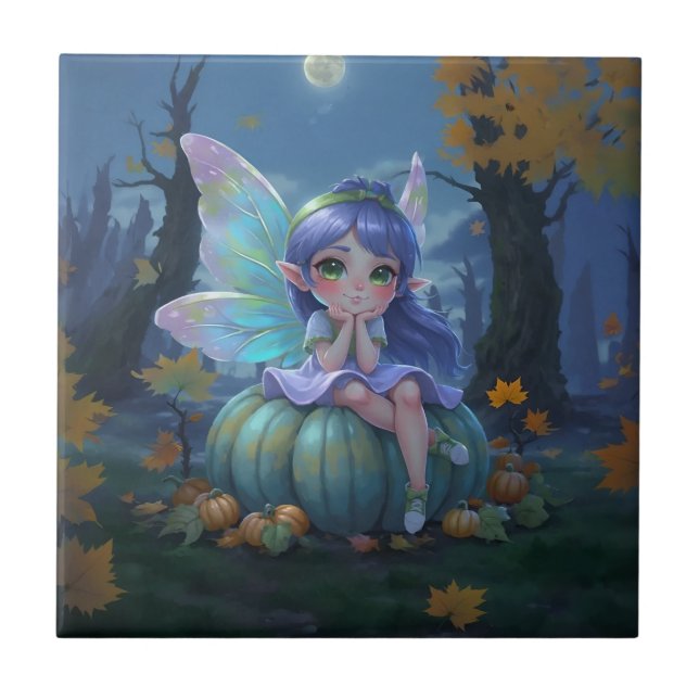 Cute Fairy on a Blue Pumpkin Ceramic Tile (Front)