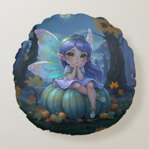 Cute Fairy on a Blue Pumpkin Round Pillow