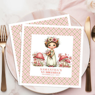 Cute Fairy Pink Floral Party Birthday Custom Name Paper Dinner Napkins