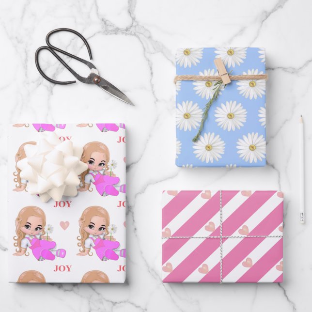 Cute Fairy, Pink Heart and Daisy Flowers Wrapping Paper Sheets (Front)