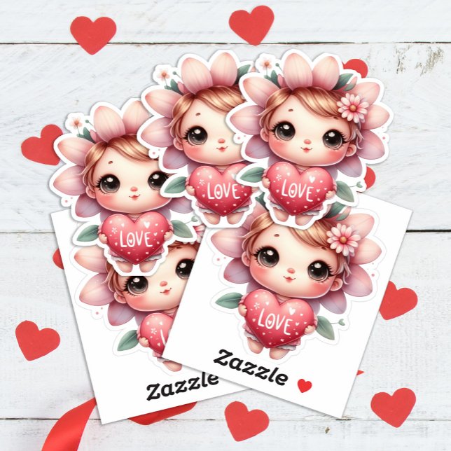 Cute Fairy Pink Red Heart Love Valentine's Day Sticker (Cute heart/love Valentine's Day fairy sticker )