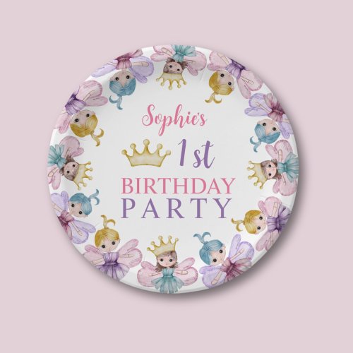 Cute Fairy Princess Pink  Purple 1st Birthday Paper Plates