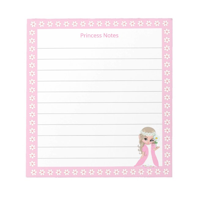 Cute Fairy Princess & White Flowers on Lined Notepad (Front)