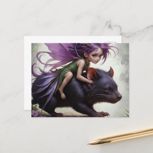 cute fairy rides a Tasmanian Devil fantasy art Postcard