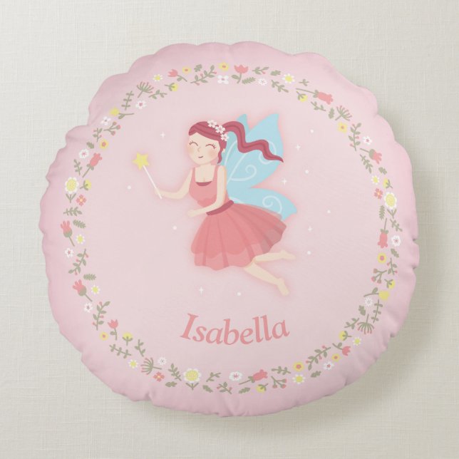 Cute Fairy Spring Floral Girls Room Personalized Round Pillow (Front)