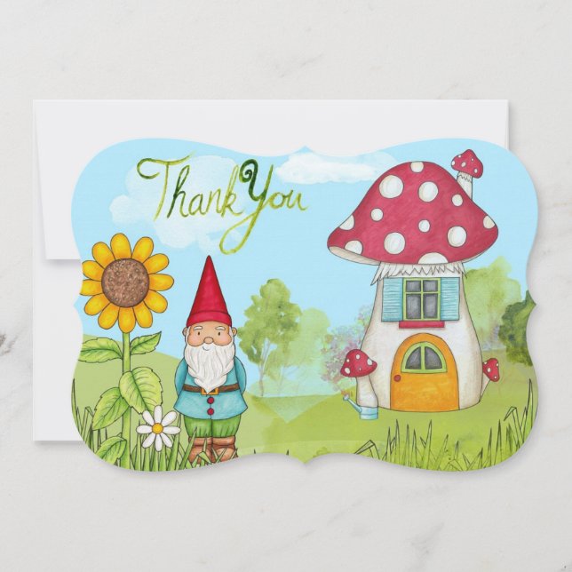 Cute Fairy Tale Elf Gnome and Mushroom Thank You Card (Front)