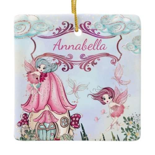 Cute Fairy Tale Garden with Custom Name Ceramic Ornament
