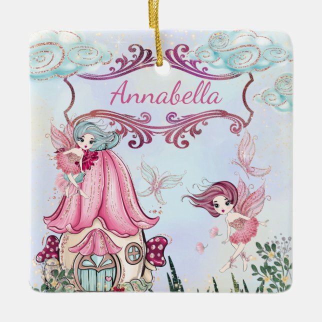 Cute Fairy Tale Garden with Custom Name Ceramic Ornament (Front)