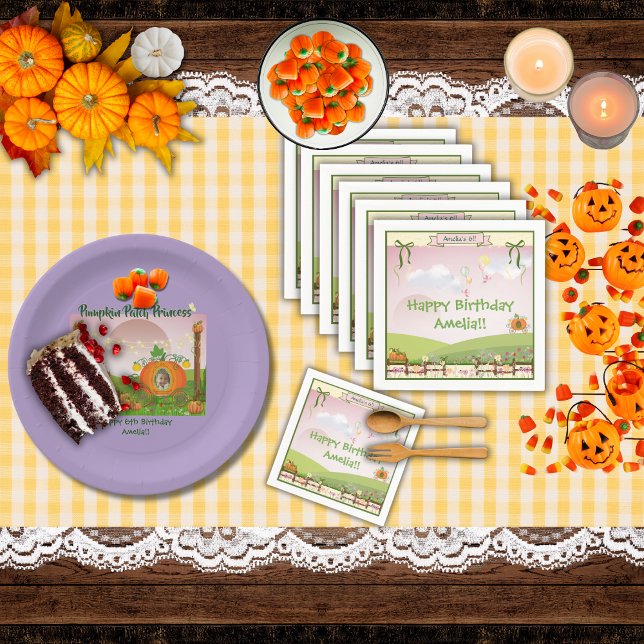 Cute Fairy Tale Pumpkin Carriage Girl's Birthday N Napkins (Personalized banner, pumpkin prairie, ribbons, cute birds with balloons, and wildflowers napkins)