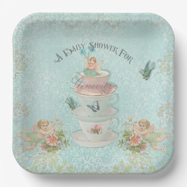 Cute Fairy Tea Cup Girl Baby Shower Personalized Paper Plates (Front)
