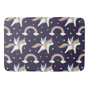 Cute Fairy Unicorn + rainbows blue background Bathroom Mat
